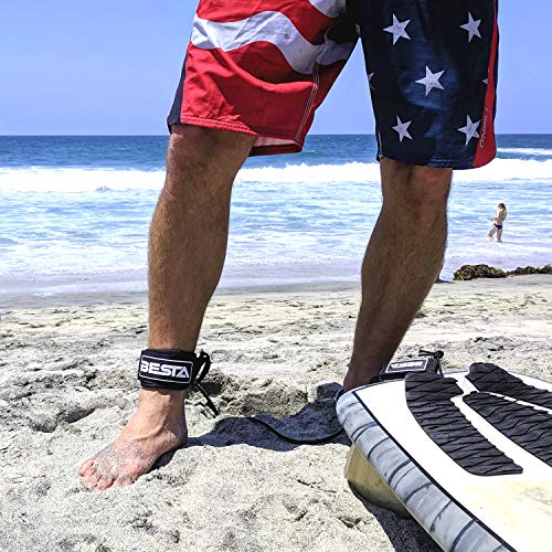 BESTA Surfboard Leash, Premium Surf Leash with Full-Size Padded Ankle Cuff and Key Pocket, Stainless Swivels and Quick-Release Rail Saver (Black, 7 ft)