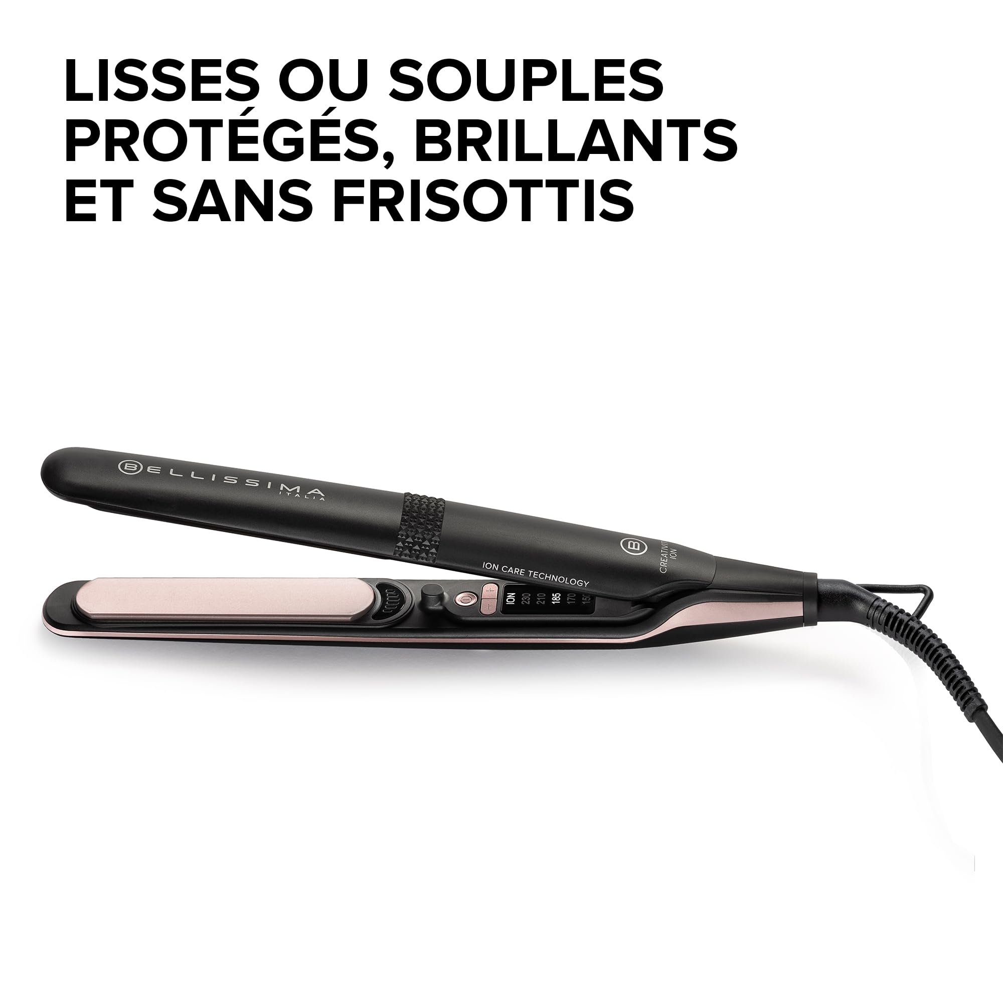 Bellissima Creativity Ion, Lisseur, cheveux lisses ou ondulés, ioniseur, revêtement céramique plus kératine, plaques flexibles, 5 températures 150/230°C
