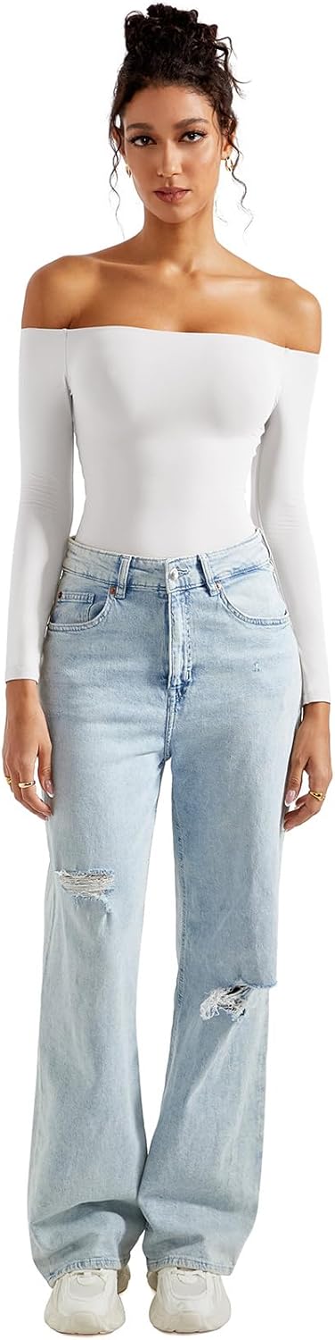 SUUKSESS Women Off the Shoulder Long Sleeve Bodysuit Double Lined Thong Bodysuit - Image 5