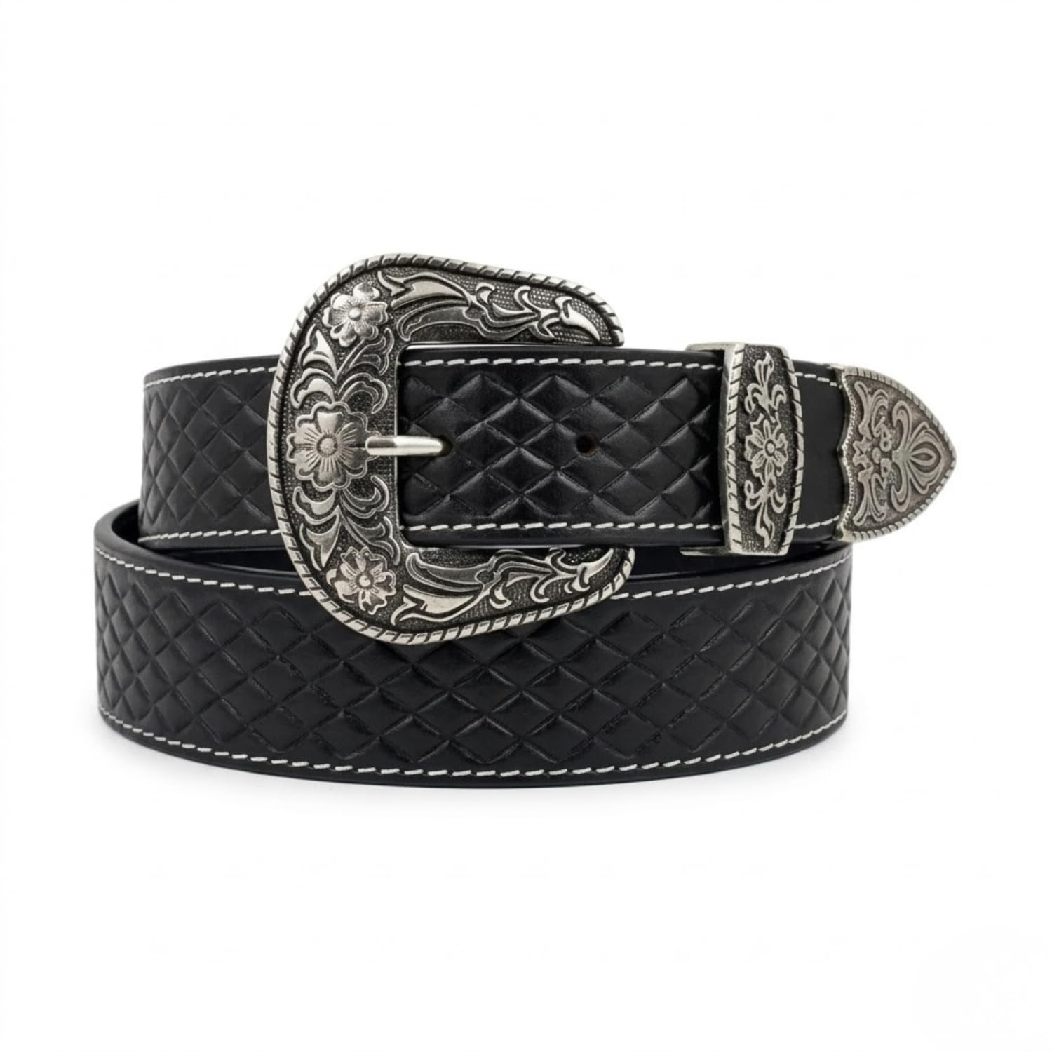 Men’s Genuine Leather Belt Black Hand Tooled Diamond Textured Western Belt Antique Engraved Silver Buckle Casual Formal Jeans Belt 3.5 cm Adjustable Sizes-image-17