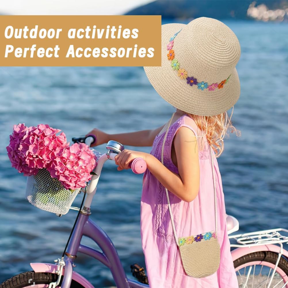 Chapeau de Soleil pour Filles Mini Sac de Paille, Petit Sac avec décoration de Fleurs Chapeaux de Paille de Plage d'été Chapeau de Soleil pour activités de Plein Air