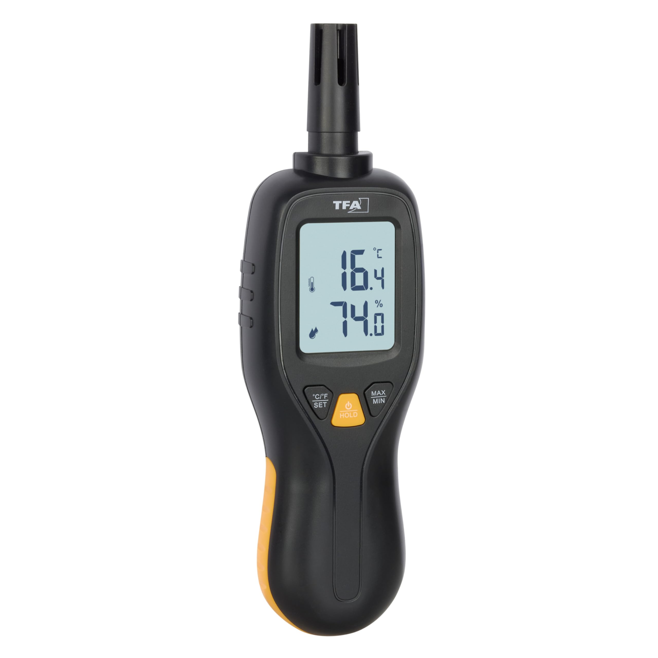 TFA Dostmann Higrómetro profesional, medidor de humedad digital, 31.1066.01, de -50 a +70 °C, precisión de 0,3 °C, termómetro, función máx. mín, retroiluminación (negro con pilas)