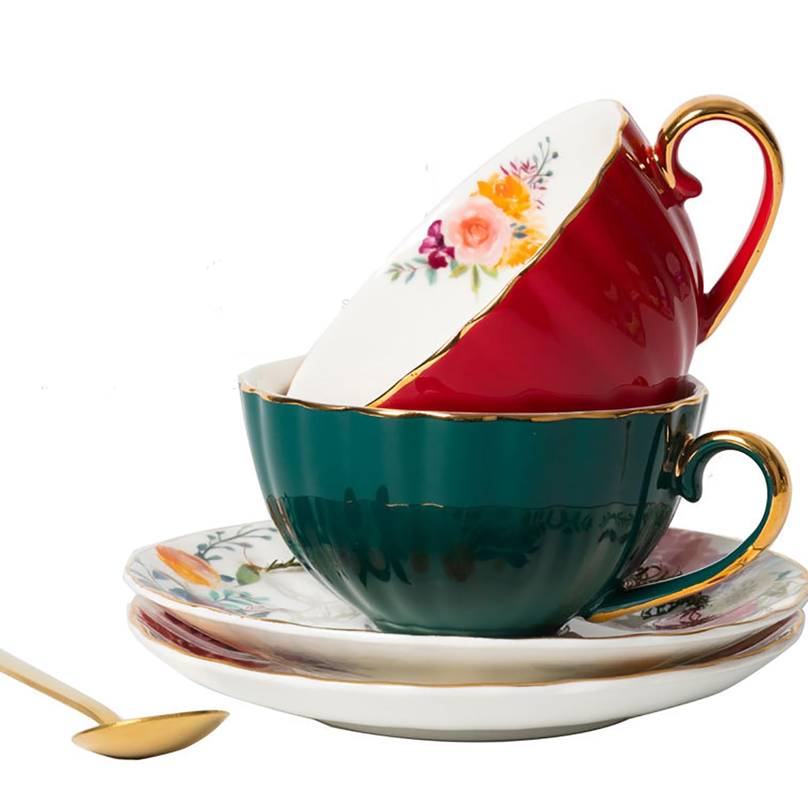 Juego de Tazas y platillos de té de Porcelana China de 2,200 ml,Taza de café con diseño Floral,Taza de café con Leche y Capuchino,Taza de té de Porcelana con platillos y Cuchara, A