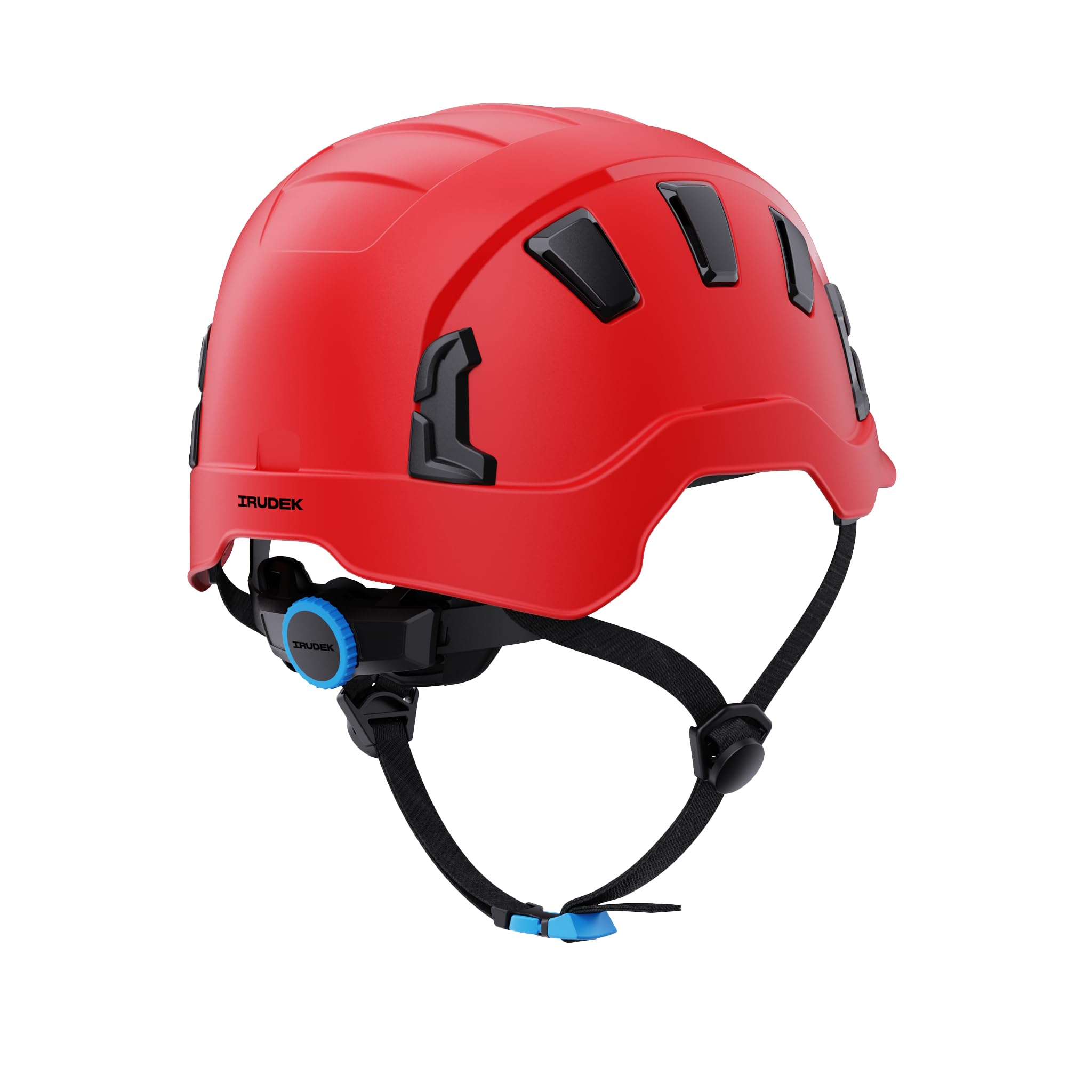 Irudek OREKA II Vent Rojo – Casco ventilado para Trabajos en Altura, ABS Ultraligero, barboquejo Ajustable, Ranuras universales 30 mm, Chip NFC Integrado, Certificado EN 397 y EN 12492