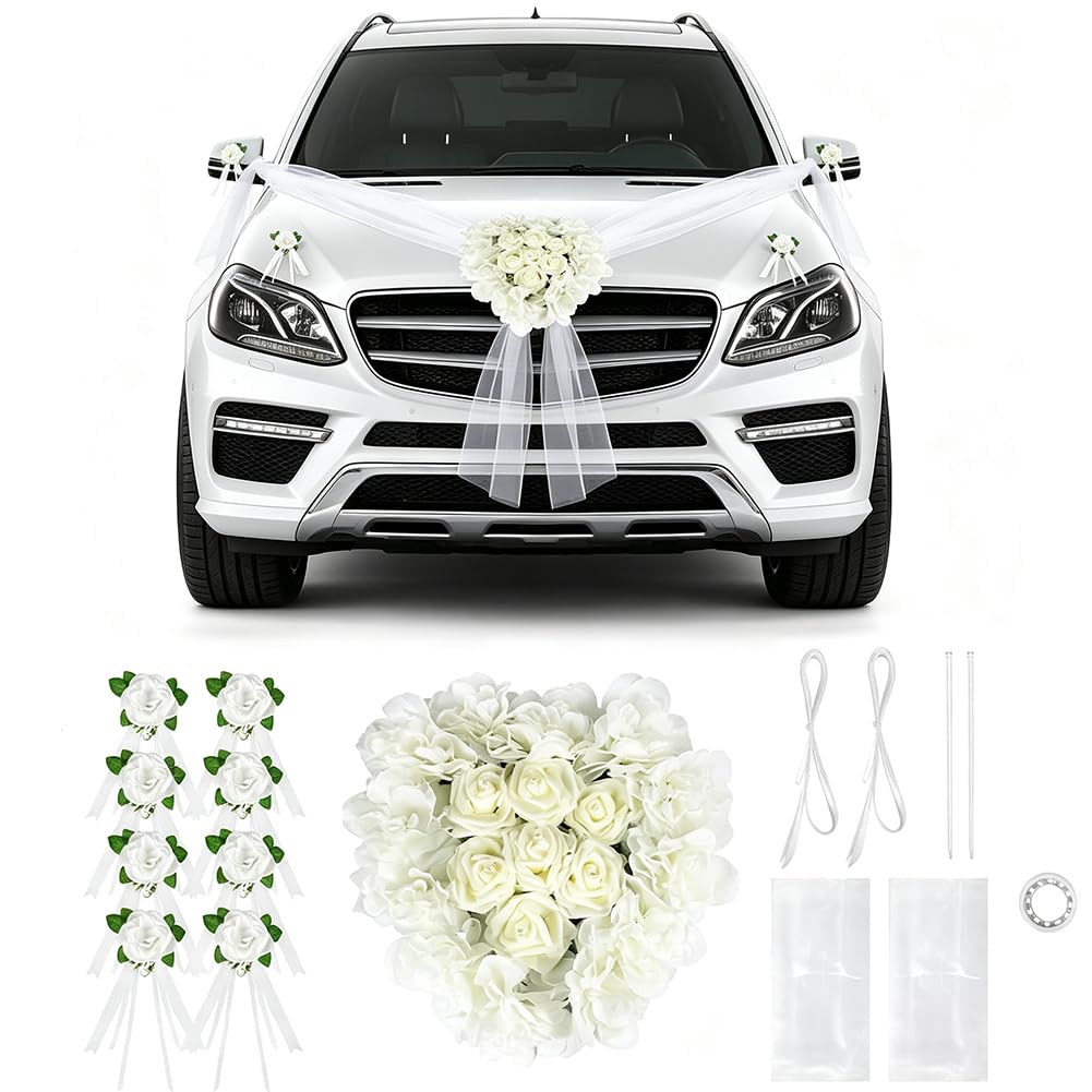 Detalles románticos para coche nupcial con lazos y guirnalda de corazón Just Married