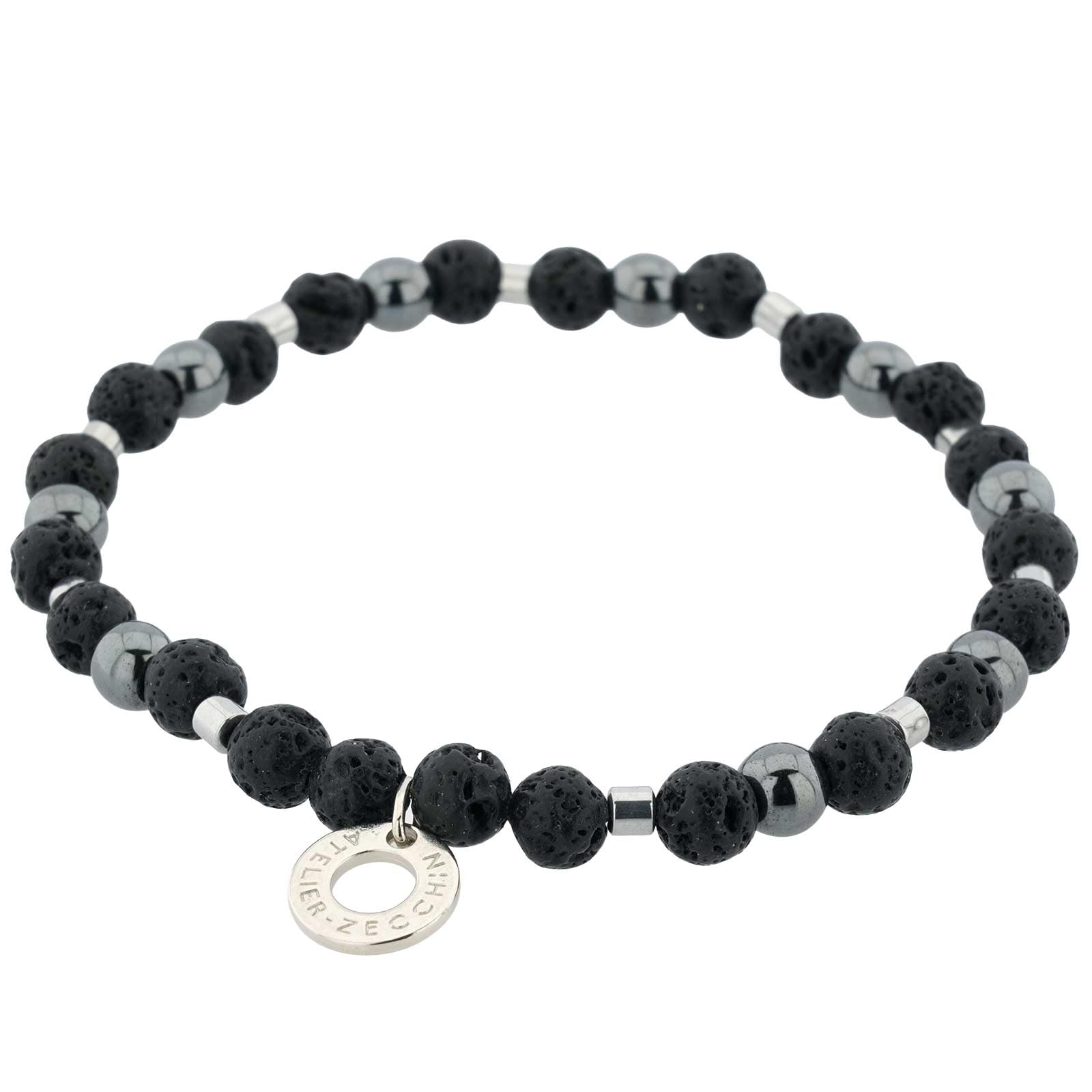 GlassOfVenice Bracciale Elasticizzato con Perline Italiane in Vetro di Murano dell'Etna in Vetro di Venezia - Nero e Grigio Argento per Uomo e Donna