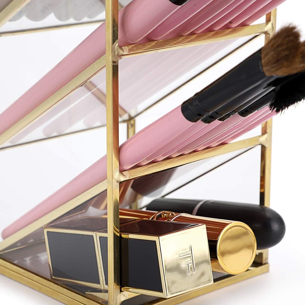 Hipiwe Vintage Gold Metal Desk Organizer - Glass Make up Brushes lipstick Holder Dresser Organizer Pen Pencil Storage Holder for Home Office Supplies (4 Compartment)