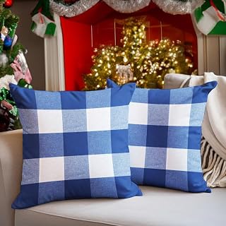 Encasa Homes Cushion Covers 2 pcs set (50x50 cm) - Buffalo Blue Checks - Decorative Large Square Colourful Washable Eco - Cotton, Throw Pillow Cases for Living Room, Sofa, Bedroom, Home & Hotel