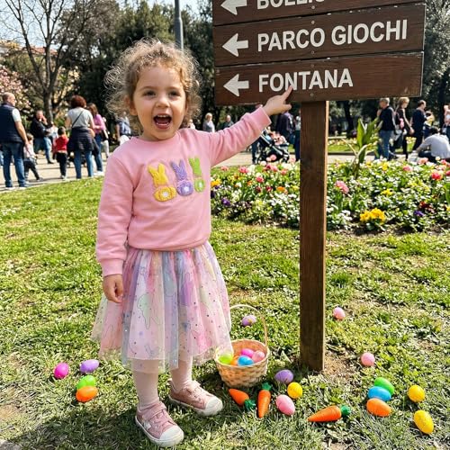 Image of Toddler Girl Easter Outfit Cute Bunny Letter Embroidery Sweatshirt Party Tutu Tulle Skirt Kids Spring Clothes