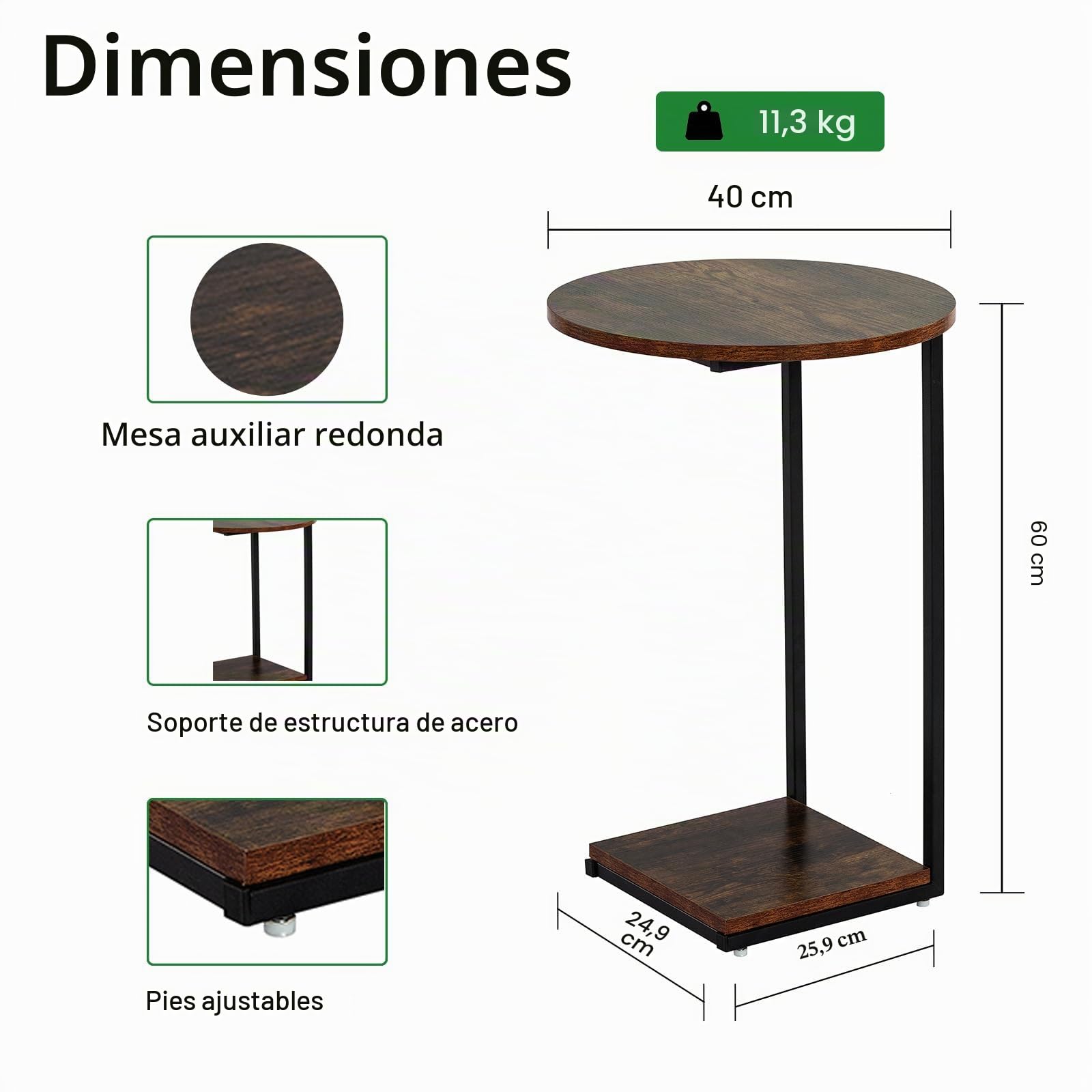HDANI Mesa Auxiliar en Forma de C, Mesa de Sofá, Mesa de Cama, Mesilla de Noche Redonda, Mesa de Centro para Salón y Sala de Estar, Marrón Rústico y Negro, 40×40×60cm, Juego de 2