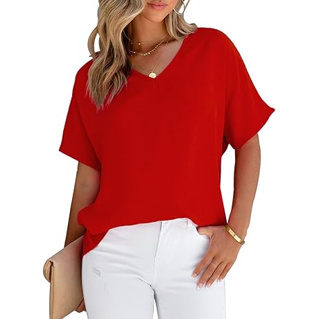 Blusas rojas para mujer: tops holgados de manga corta con cuello en...