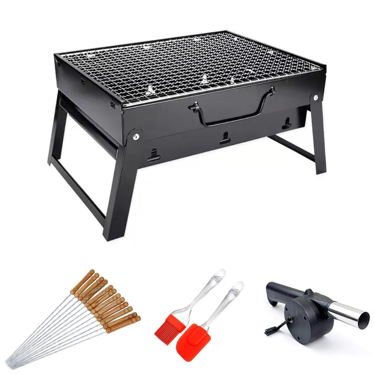 Evvorio Portable and Foldable Barbeque Grill Set for Home, Picnic, Outdoor Camping, Travelling, Charcoal BBQ Grill Set with 12 Barbecue Skewers, 1 Spatula, 1 Oil Brush and 1 Air Blower (B0CY27LB3F) Amazon Price History, Amazon Price Tracker
