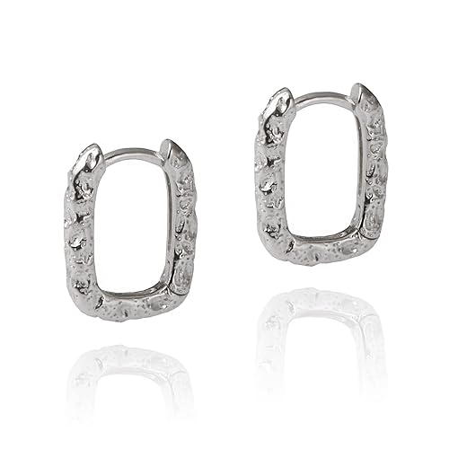 Sterling Silver Hammered Textured Tiny Huggie Hoop Earrings Rounded Rectangle, White Gold Plated