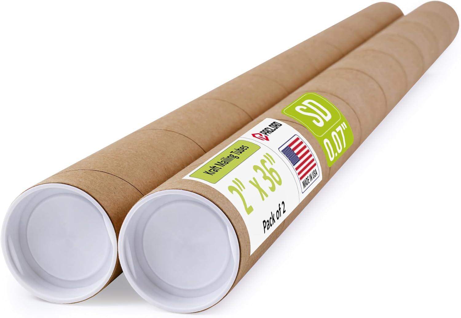 2" x 36" Reinforced Kraft Paper Mailing Tubes, Pack of 2 Tubes with 2 Caps Each – USPS Approved Poster Tube – Made in USA Cardboard Tube for Shipping and Storing Posters, Prints, Artwork, or Documents Inside Diameter: 2" Length: 36"