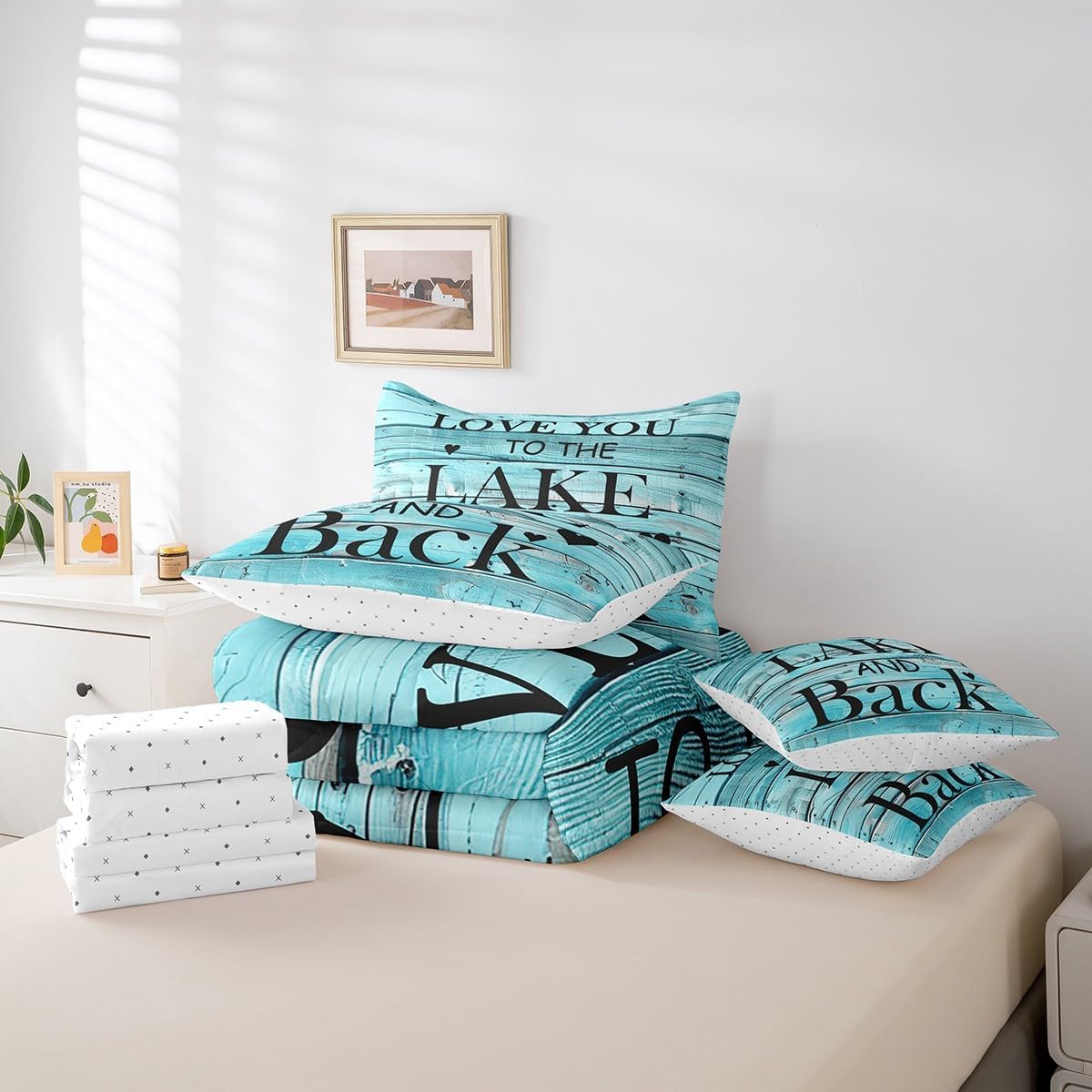 Manfei 7 Pieces King Size Lake House Theme Comforter Set,Geometric Wooden Plank Bedding Set for Boys Girls,Rustic Farmhouse Blue Retro (Comforter+Fitted+Flat Sheet+2 Pillowcases+2 Throw Pillow Covers