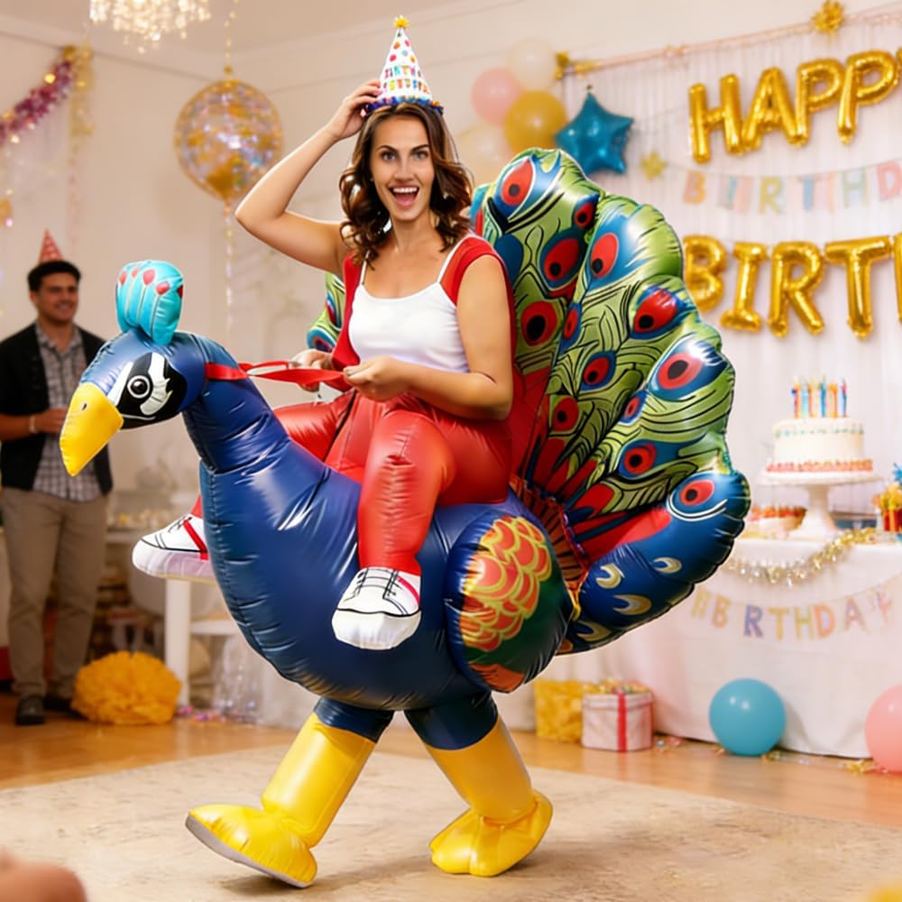 Adult Inflatable Riding Peacock Costume, Blow Up Ride-On Peacock Suit for Men and Women, Funny Halloween Christmas Holiday Party Outfit