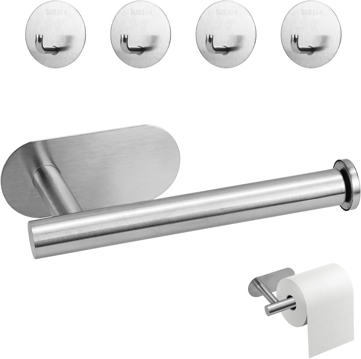 Self Adhesive Toilet Roll Holder with 4Pcs Hooks, Wall Mounted 304 Stainless Steel Toilet Paper Holder, Rustproof Bathroom Washroom Tissue Roll Holder Strong Adhesiveness and Waterproof