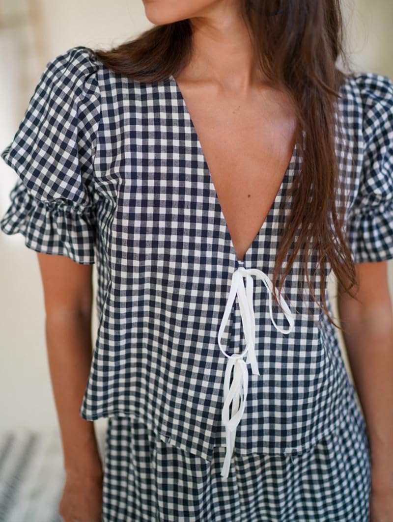 Argeousgor Women Plaid 2 Piece Pajama Set Tie Front Puff Sleeve Babydoll Shirt Gingham Pants Pj Lounge Set Sleepwear - Image 5