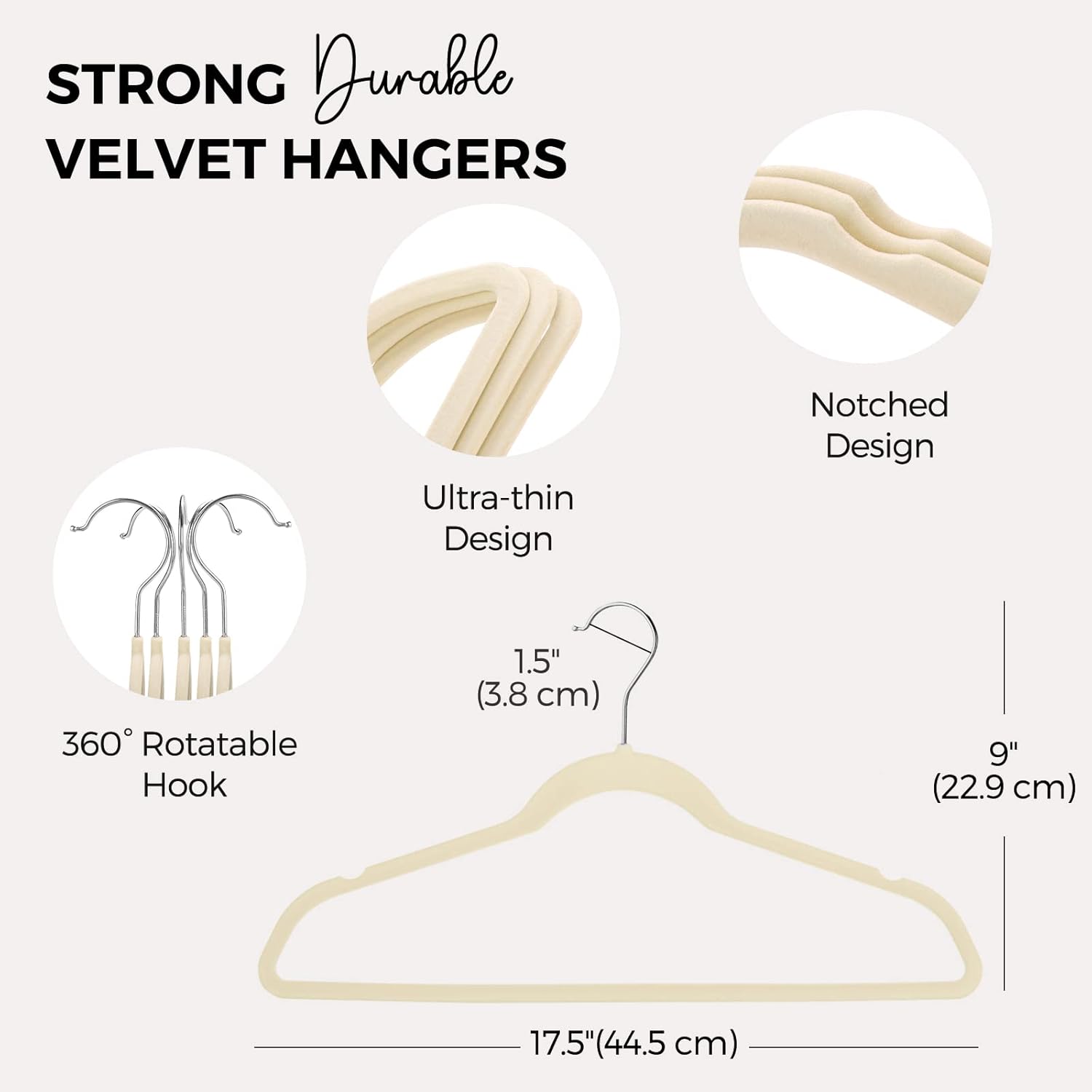 HOUSE DAY Premium Velvet Hangers 50 Pack, Non-Slip Flocked Felt Hangers, Sturdy Clothes Hangers with 360° Rotatable Hook, Heavy Duty Coat Hanger, Durable Slim Beige Hanger for Closet Space Saving