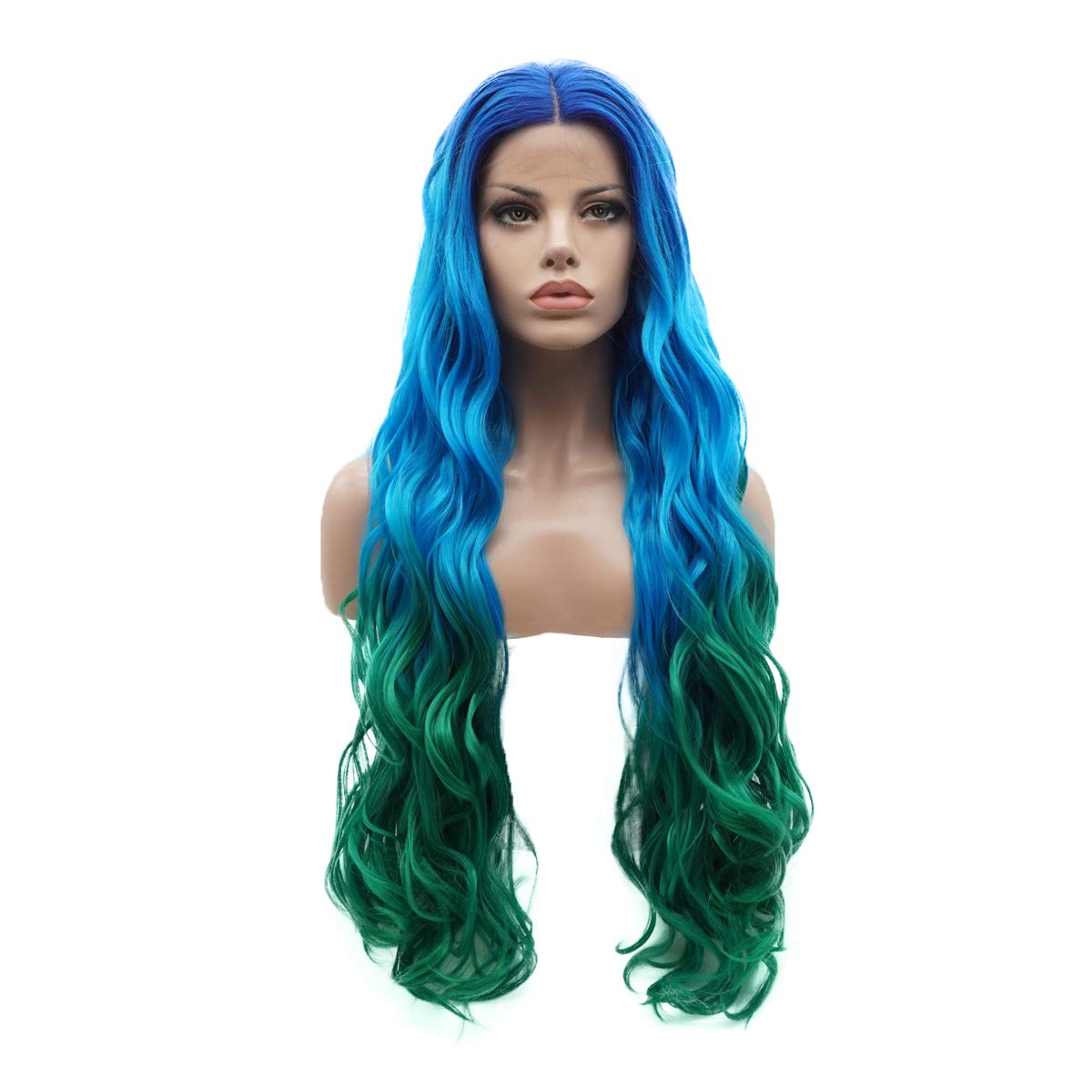 Lushy Wavy Long Jewelry Blue Root Blue Green Ombre Wig Full Density Half Hand Tied Heat Friendly Realistic Synthetic Lace Front Wigs