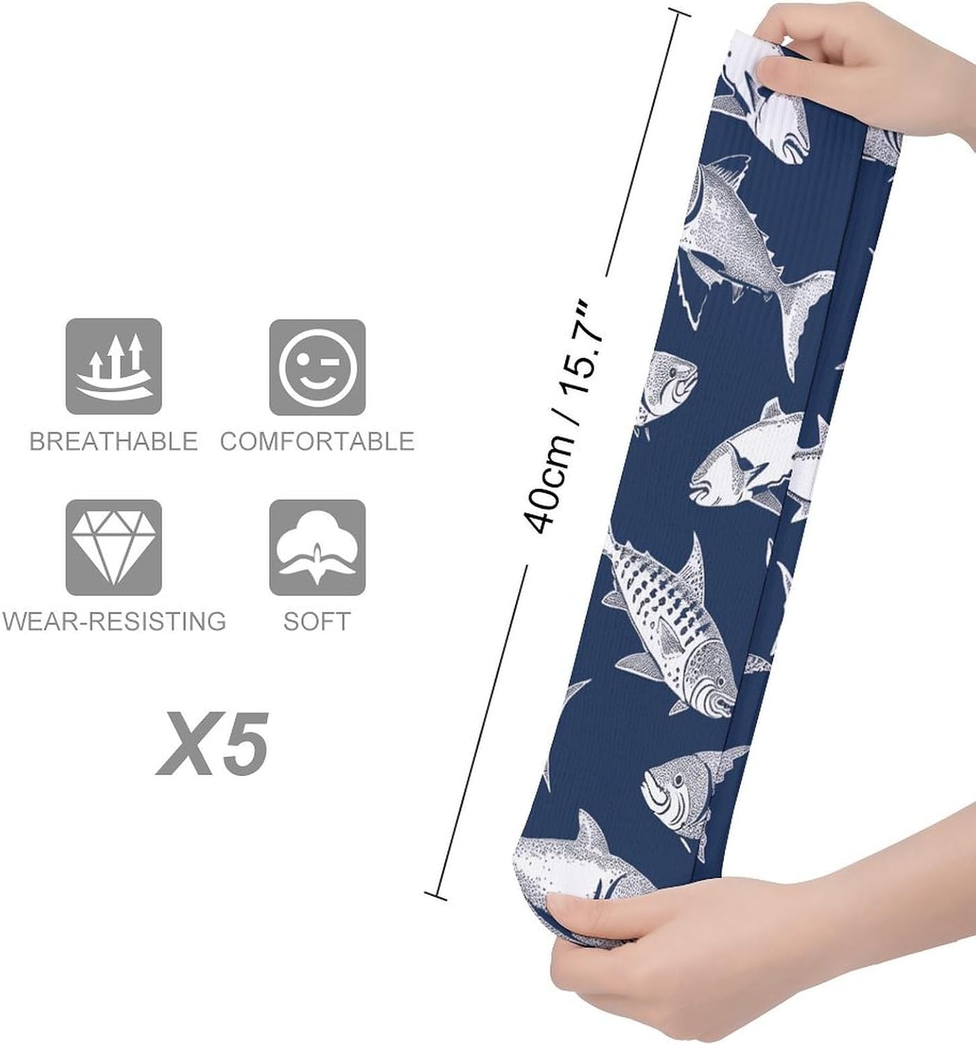 5-Pack Knee High Socks, 15.7 Inch Breathable Casual Socks Various Sea Fish Pattern Stockings for Men Women