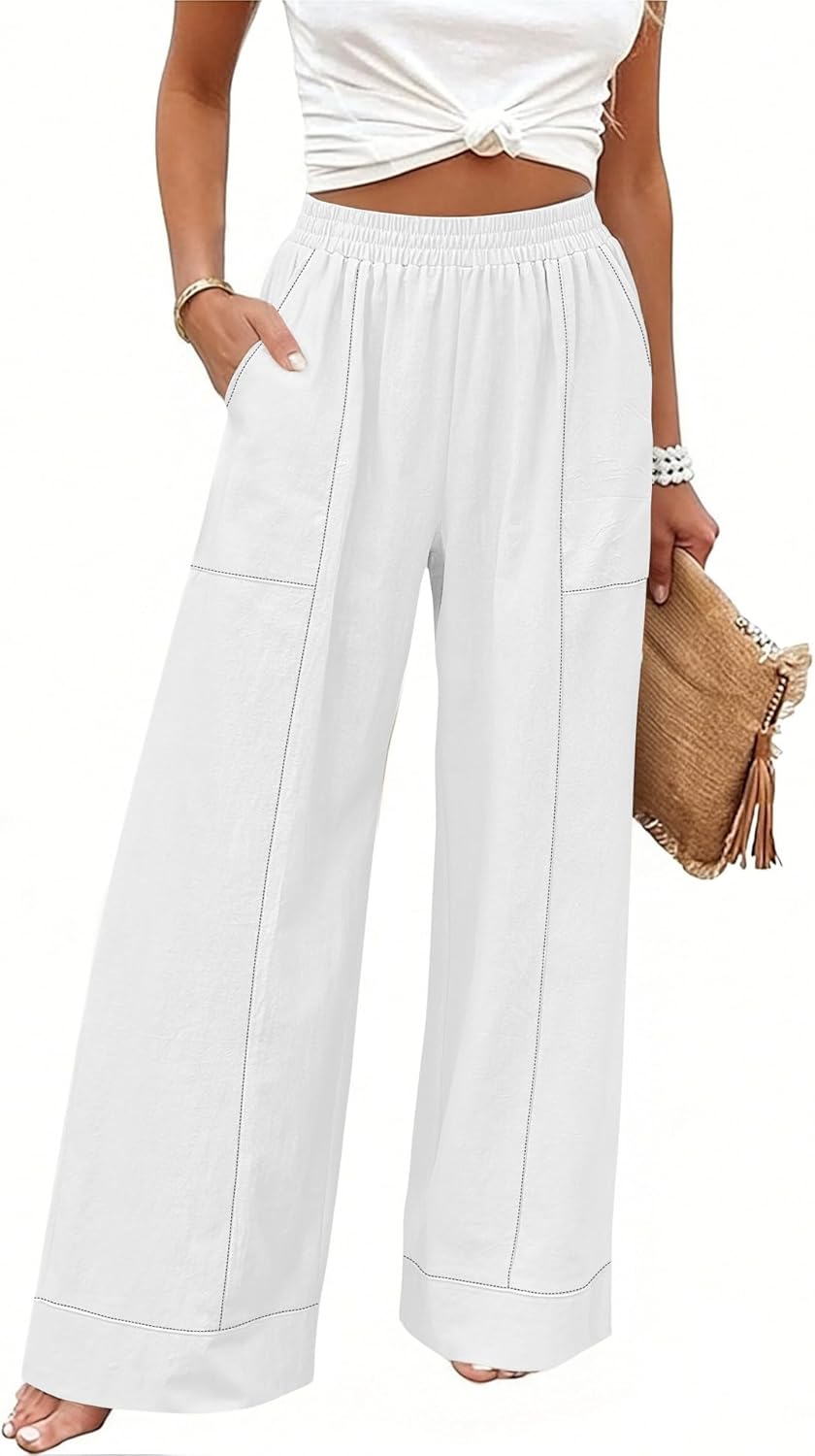 Rapbin Womens Elastic Waist Palazzo Pants Casual Wide Leg Pant Baggy Lounge Trousers with Pockets