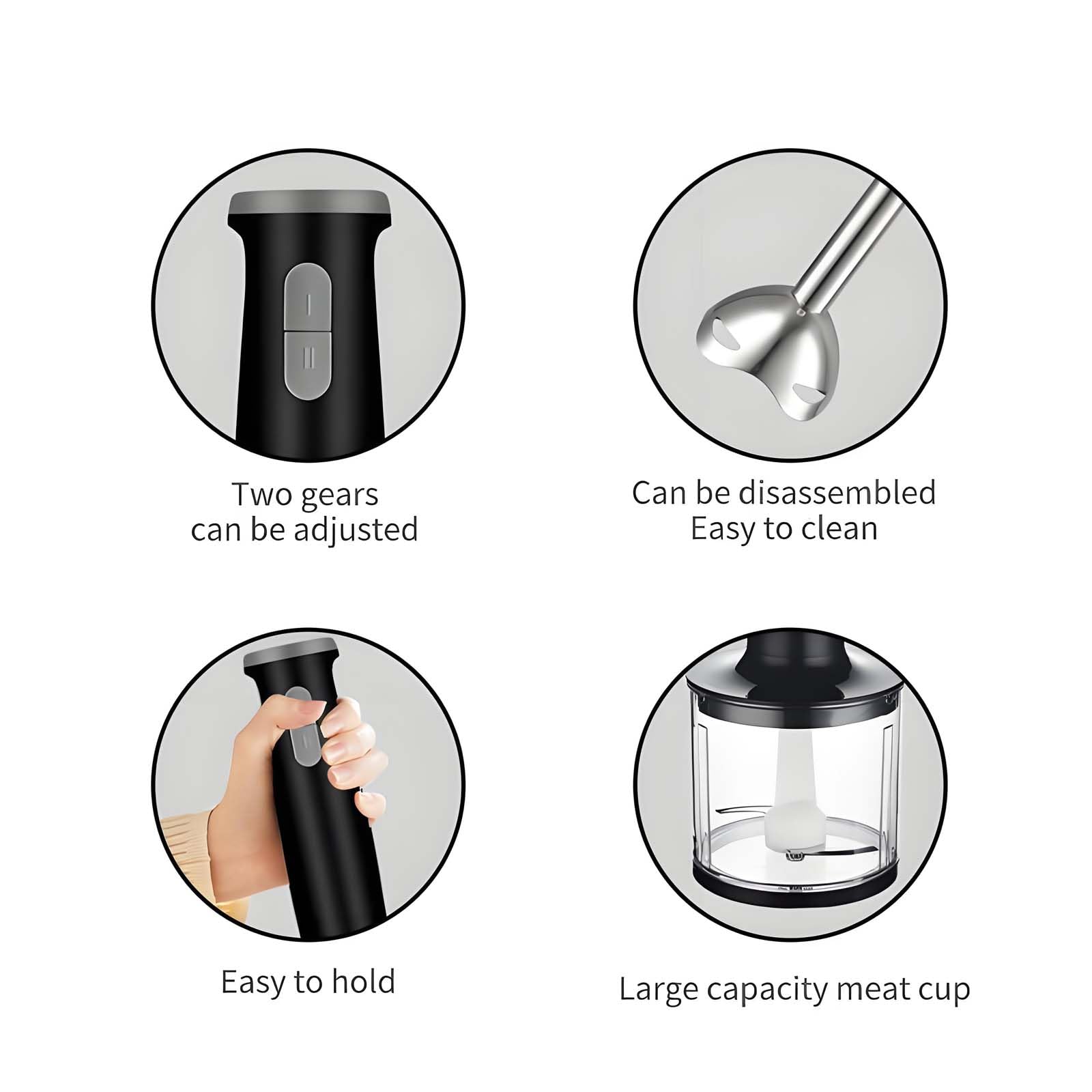 Mixeur plongeant, mixeur à main 5 en 1 de 800 W avec bol sans BPA de 800 ml, hachoir de 600 ml, fouet et mousseur à lait, pour purées, soupes, sauces, smoothies, aliments pour bébés, facile