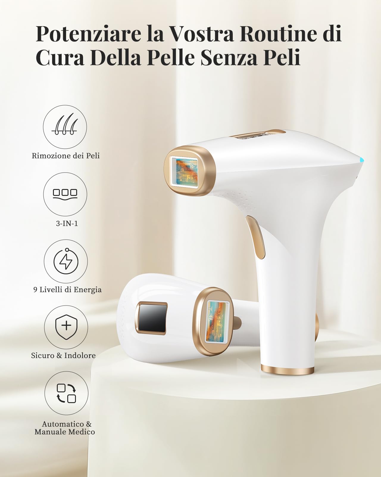 IPL Epilatore Luce Pulsata con 9 Livelli di Energia & 3 Funzioni HR/SC/RA, 999.999 Impulsi di Luce Laser per Uomini, Donne, Viso, Ascelle, Gambe, Corpo