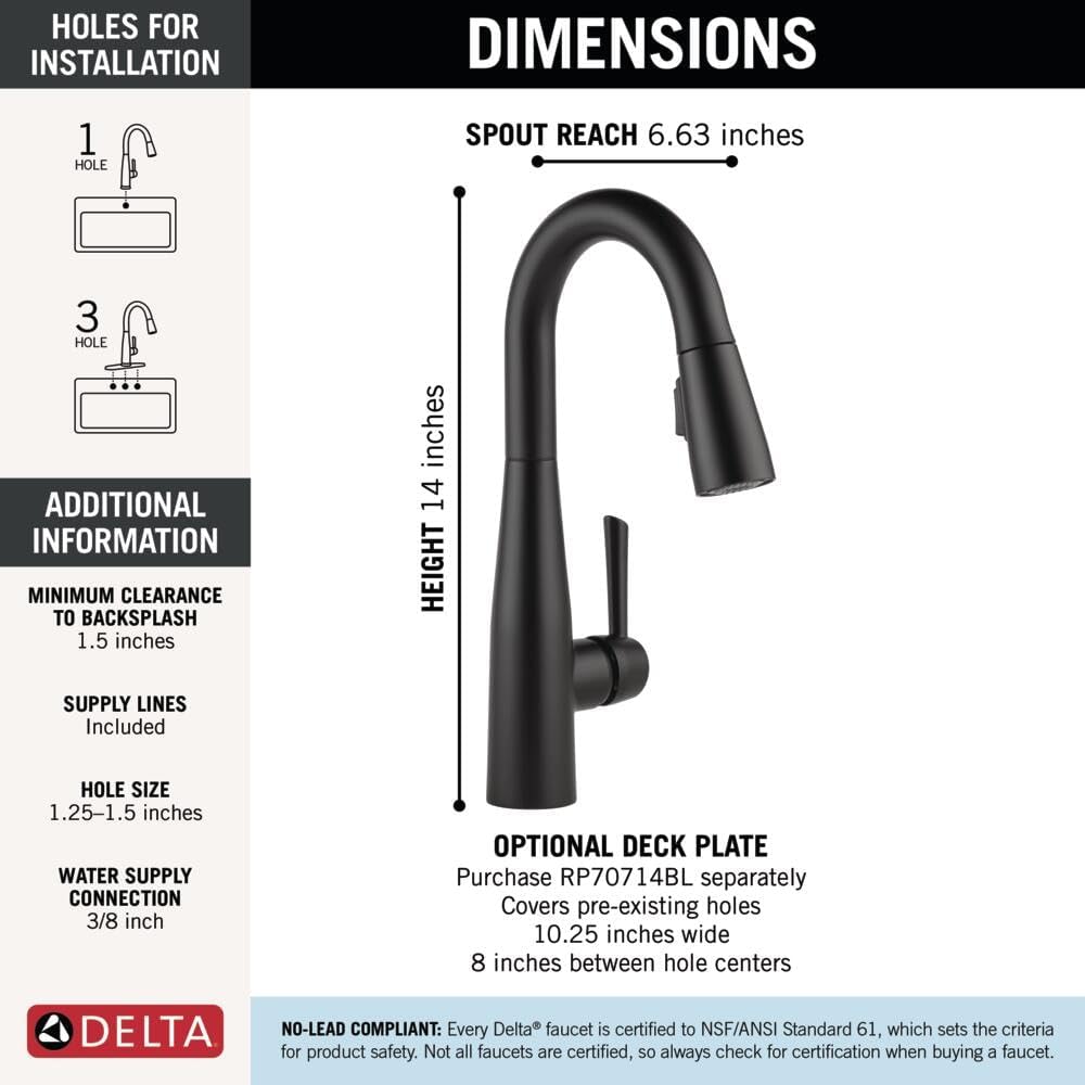 Delta Essa Matte Black Bar Sink Faucet with Pull Down Sprayer, Modern Single Hole Prep Sink Faucet, Single Handle, Matte Black 9913-BL-DST - Image 4