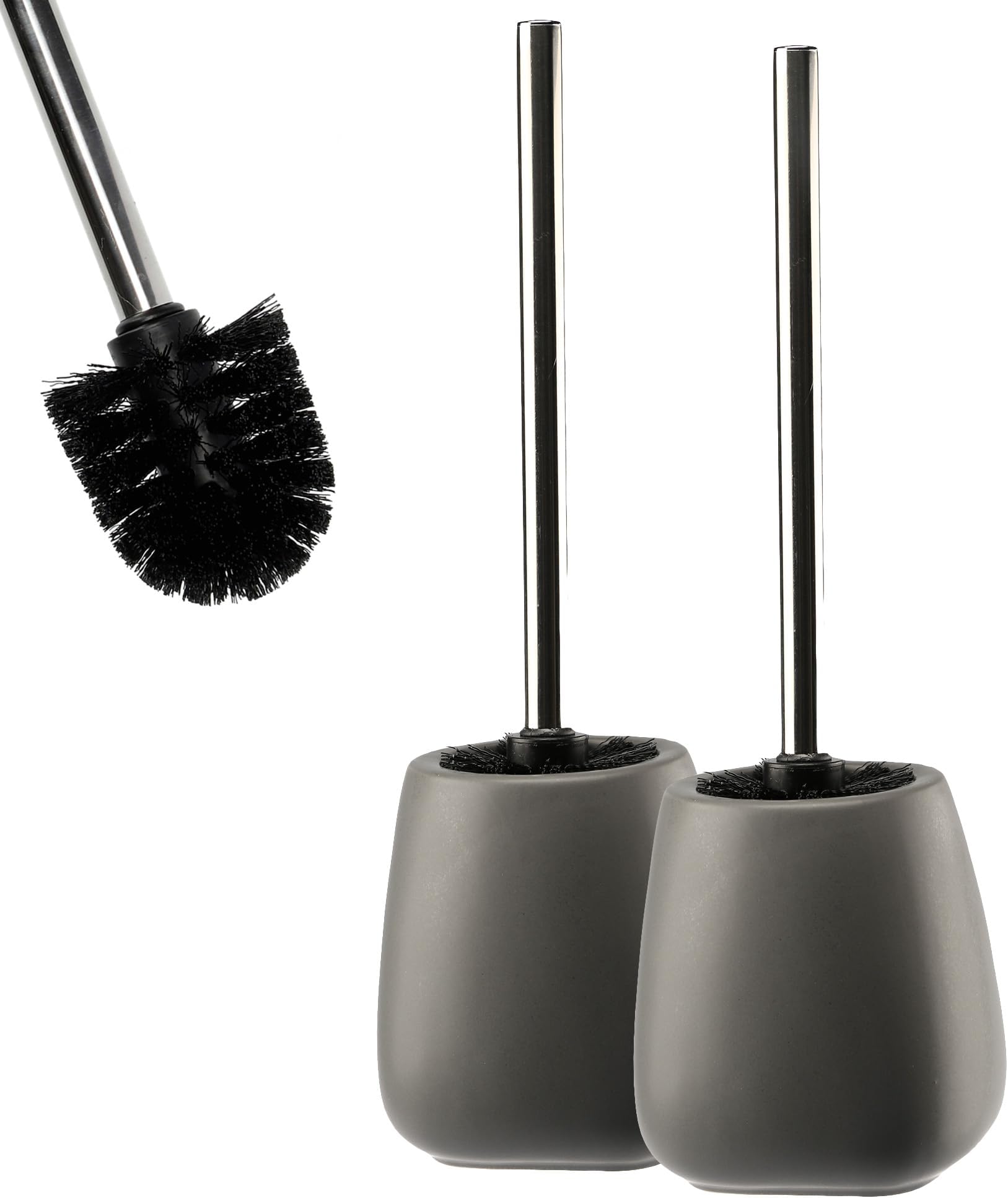 KADAX Toilet Brush with Holder, Brush with Long Steel Handle and Stiff Bristles, Bathroom Brush with Ceramic Holder in Several Colours (Grey, Set of 2)