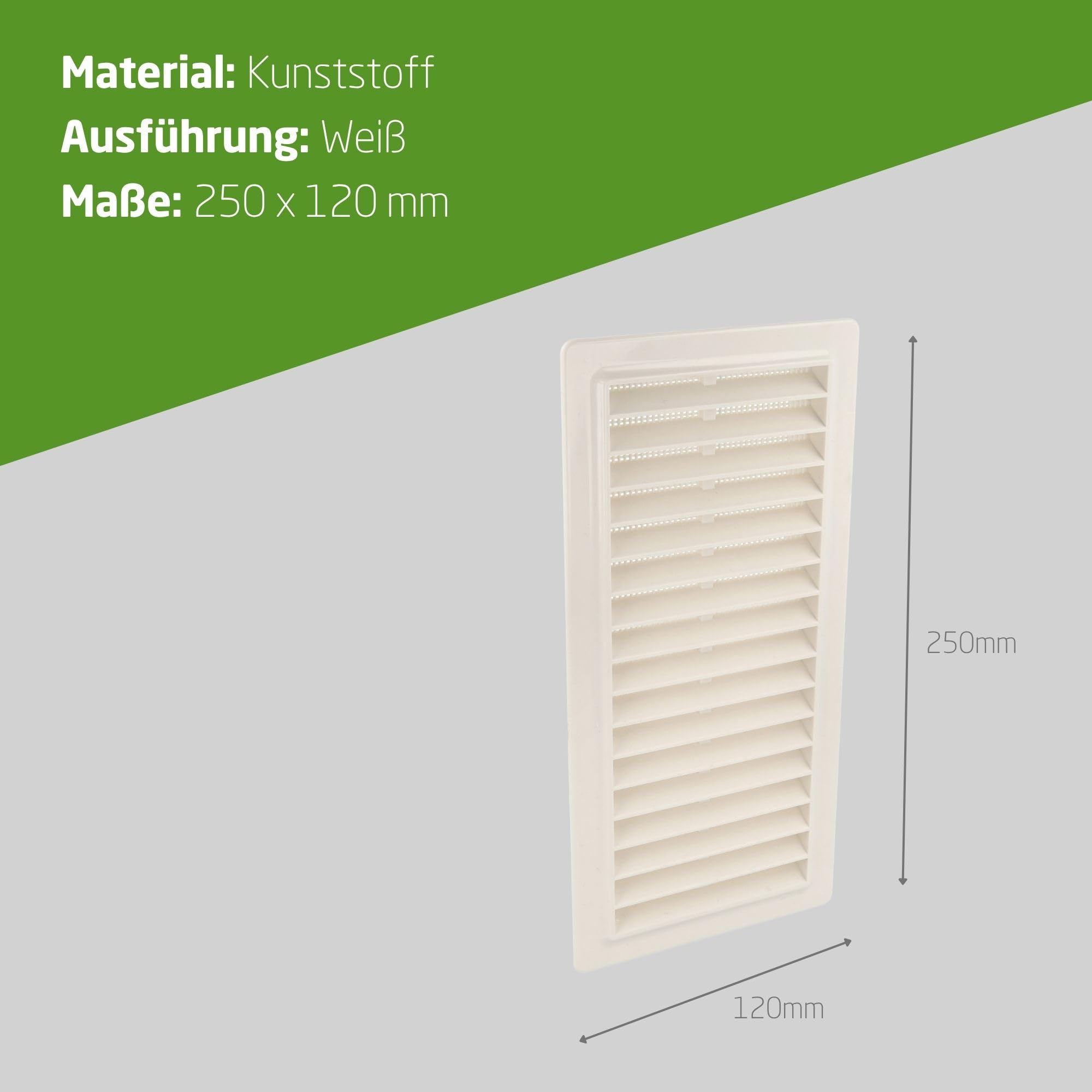 Amig - 6er-Pack rechteckige Kunststoff-Lüftungsgitter mit Insektenschutz - Lüftungsgitter für Luftaustritt - Ideal für Küchen- und Badezimmerdecken - Maße: 200 x 120 mm - Farbe: Weiß