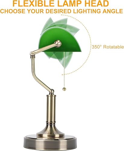 Miniatura 5 de LINNMON Bankers - Lámpara de escritorio verde con interruptor de cadena de tracción, lámpara retro con puertos de carga USB y tipo C, lámpara