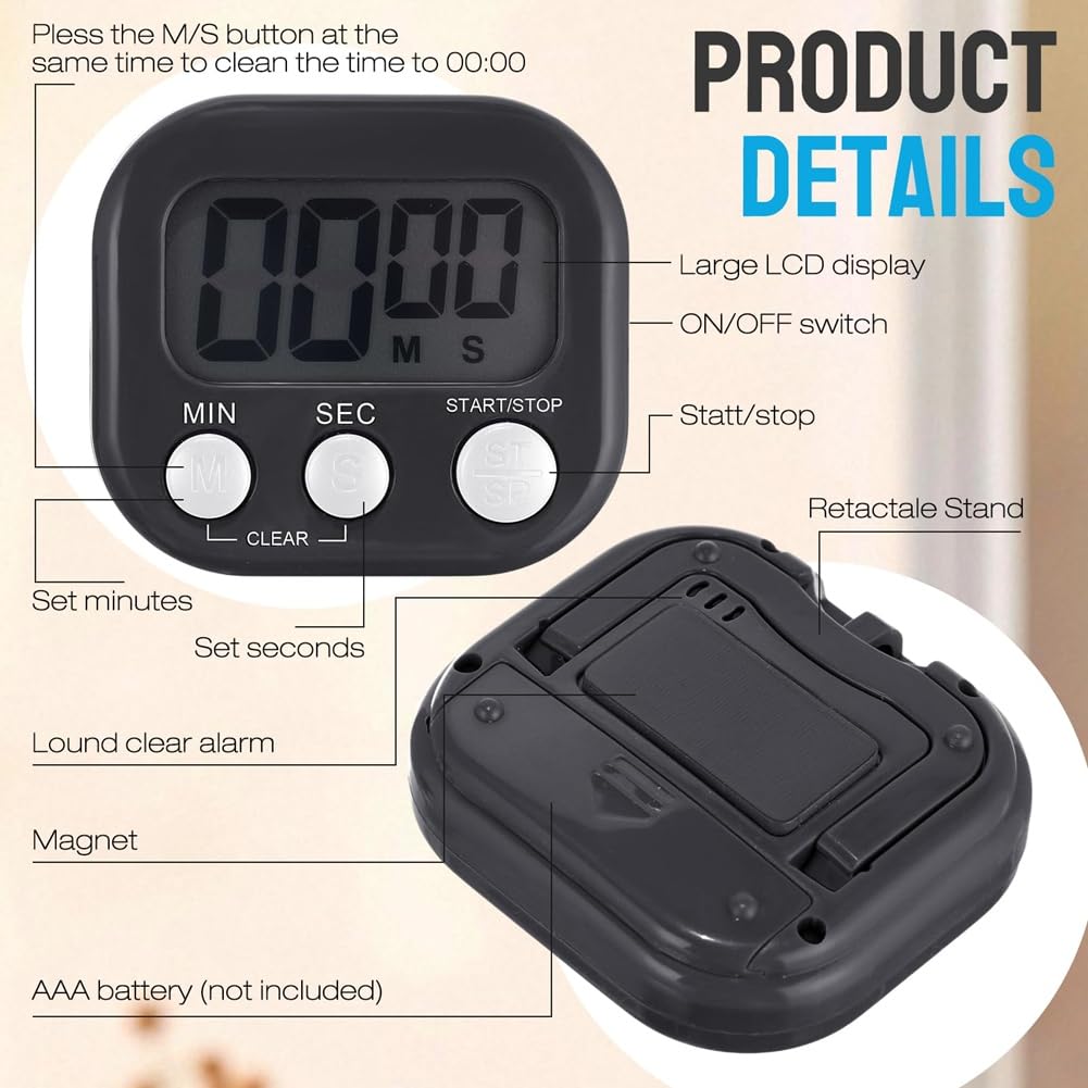 24 Stück Digitaler Küchentimer, Kleiner Magnetischer Timer zum Kochen und Backen im Klassenzimmer (Schwarz)