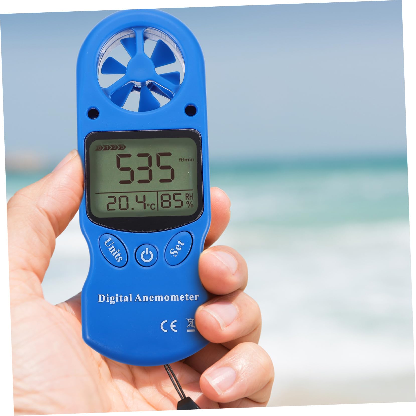 Anemómetro Portátil Mini, Higrómetro Digital, Medición Velocidad del Aire y Humedad con Pantalla Lcd Retroiluminada, Azul