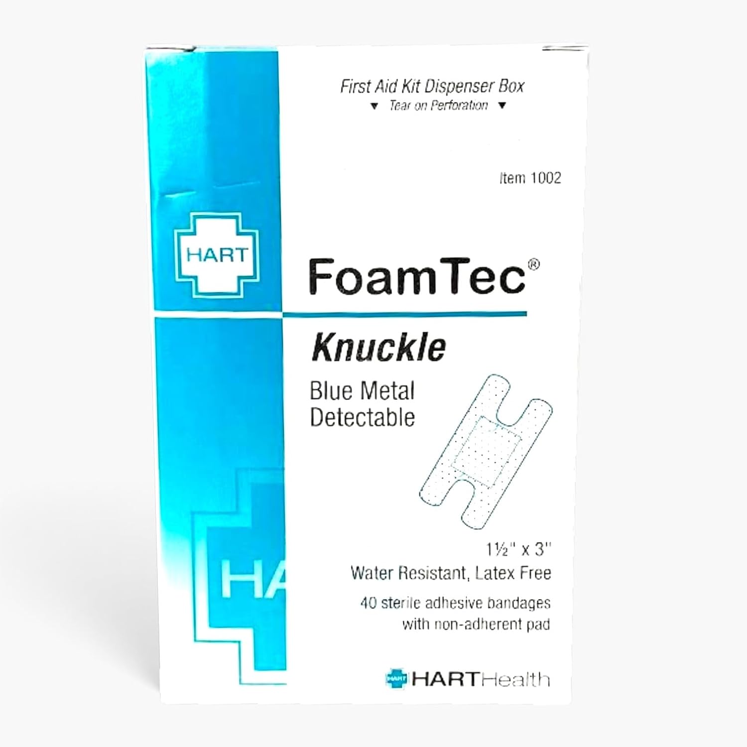 Hart Health FoamTec, Blue Metal Detectable Knuckle, Water Resistant Foam Bandages, 40 per Box