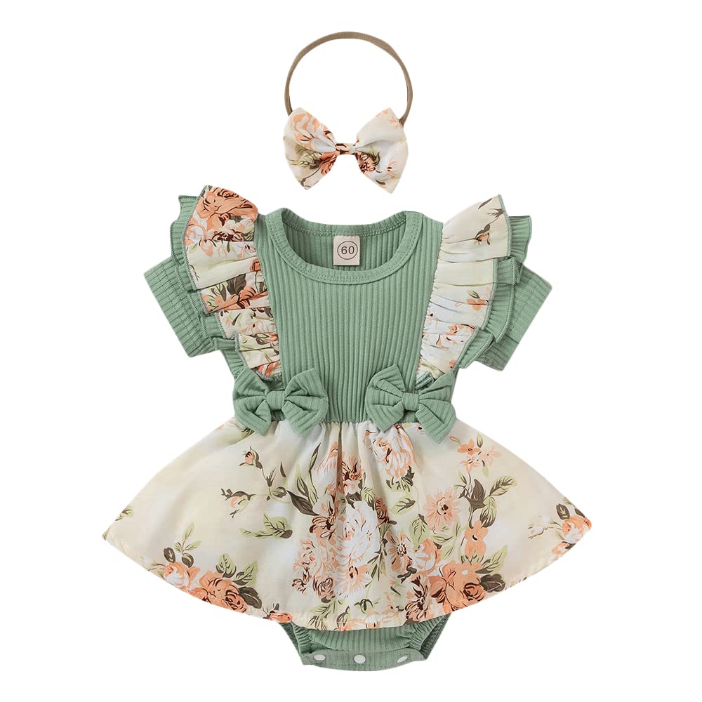 hopscotch Girls Cotton and Polyester Floral Print Ruffled Bodysuit With Headband in Green Color-picture-40