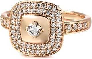 Square Glossy Women's Fashion Ring with 3mm Zirconia Center and Double Row Micro Zirconia Accents in Rose Gold Plated Copper