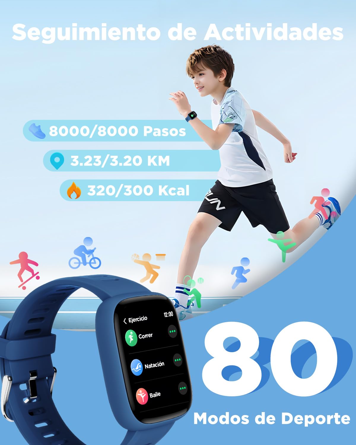 BIGGERFIVE Pulsera Actividad Niños Niñas 5-16, 1,8" Reloj Inteligente Podómetro, Frecuencia Cardíaca, Resistente al Agua IP68, Monitor de Sueño, Despertador, Juegos de Rompecabezas con/sin App
