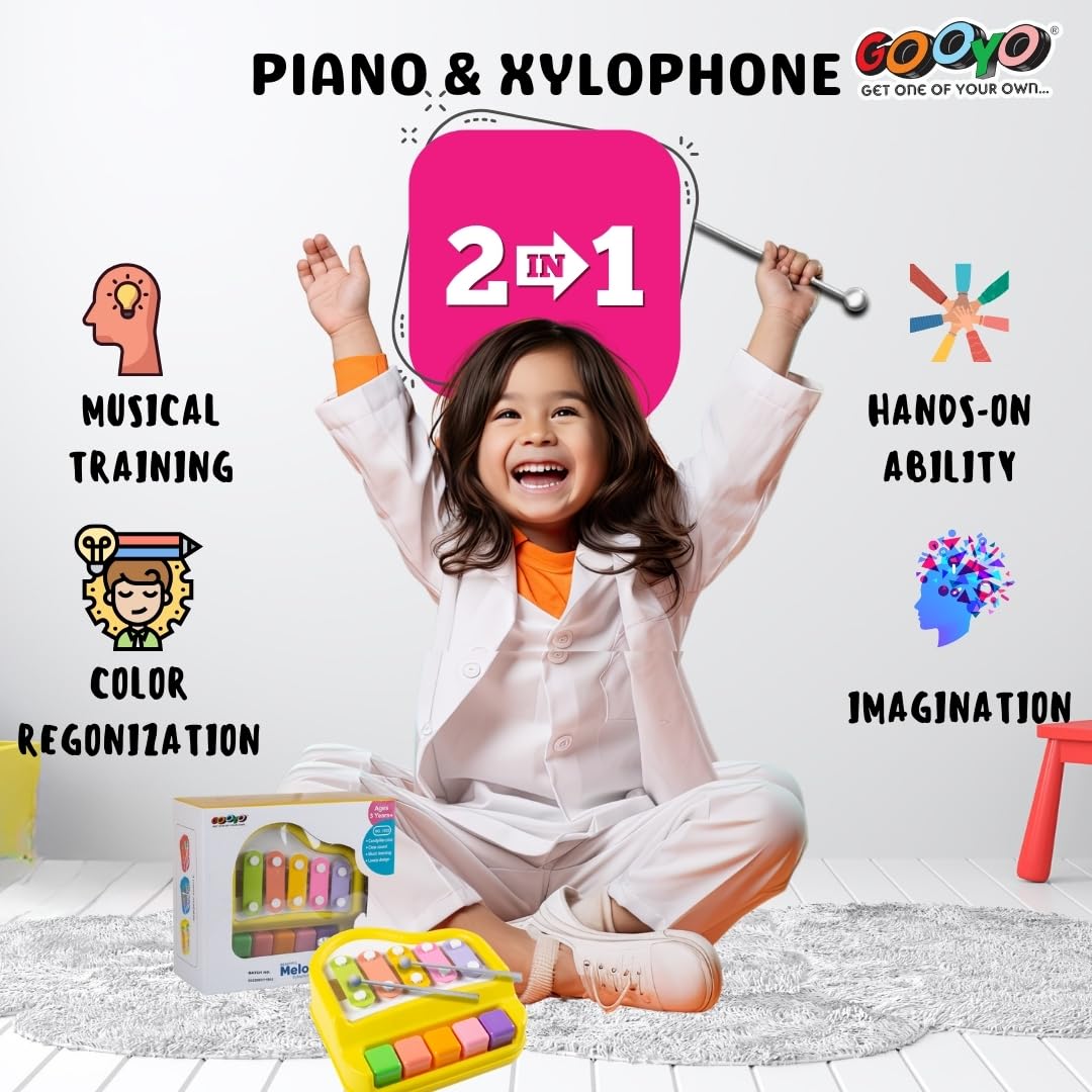 Gooyo 1512 Preschool Kids Educational Knock Playing Musical Xylophone Toy for Kids | 2 in 1 Mini Musical Piano and Xylophone Toy with Colorful Keys & 2 Mallets | Yellow | No Batteries Required 2