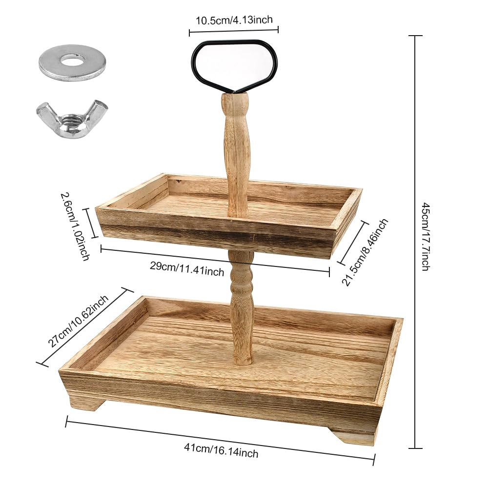 Plateau de service en bois à 2 niveaux pour fêtes, mariage, fruits, 2 étages, plateau rustique à 2 étages avec manche en métal