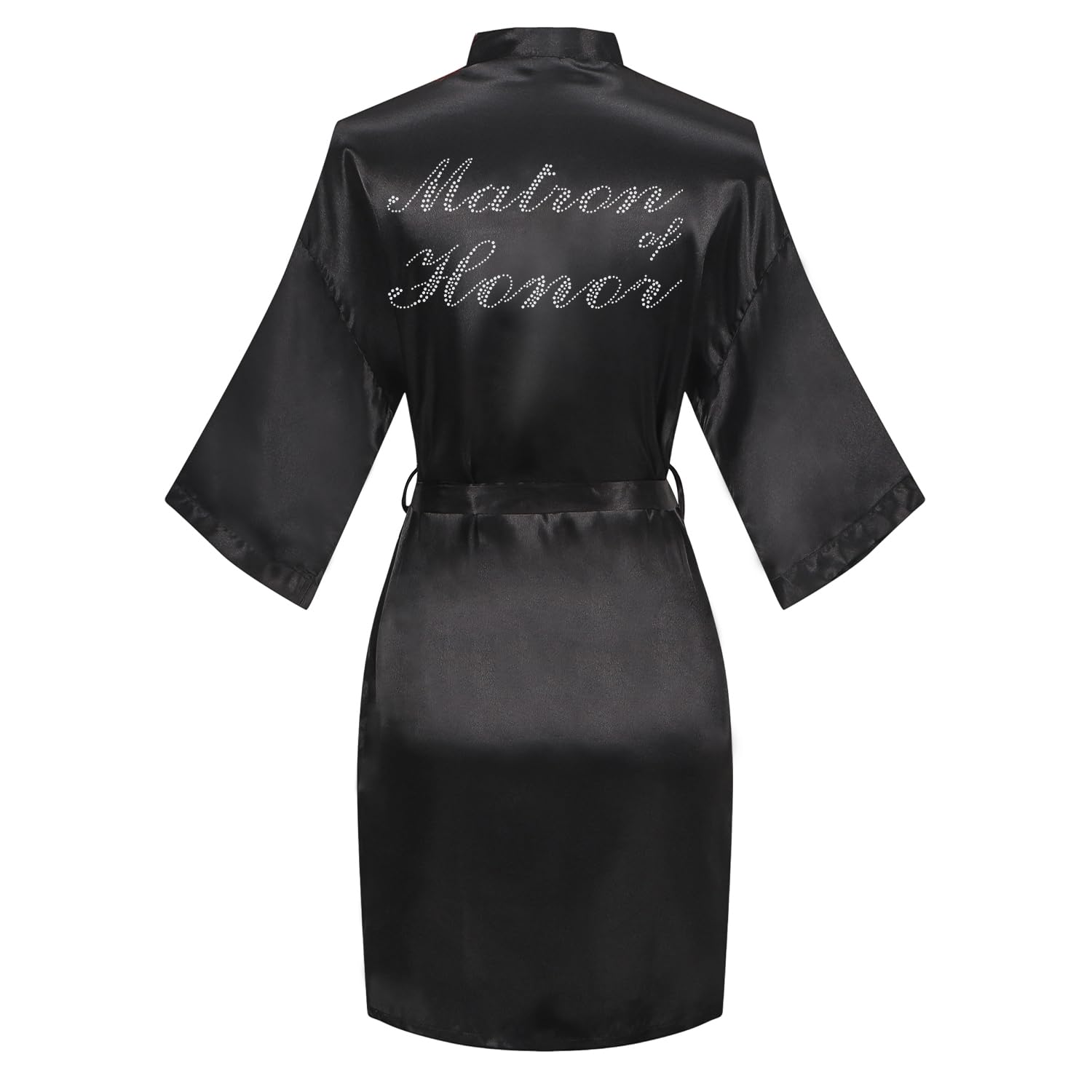 Women's Satin Robe Bride Bridesmaid Short Kimono Robes with Silver Rhinestones for Wedding Party Getting Ready