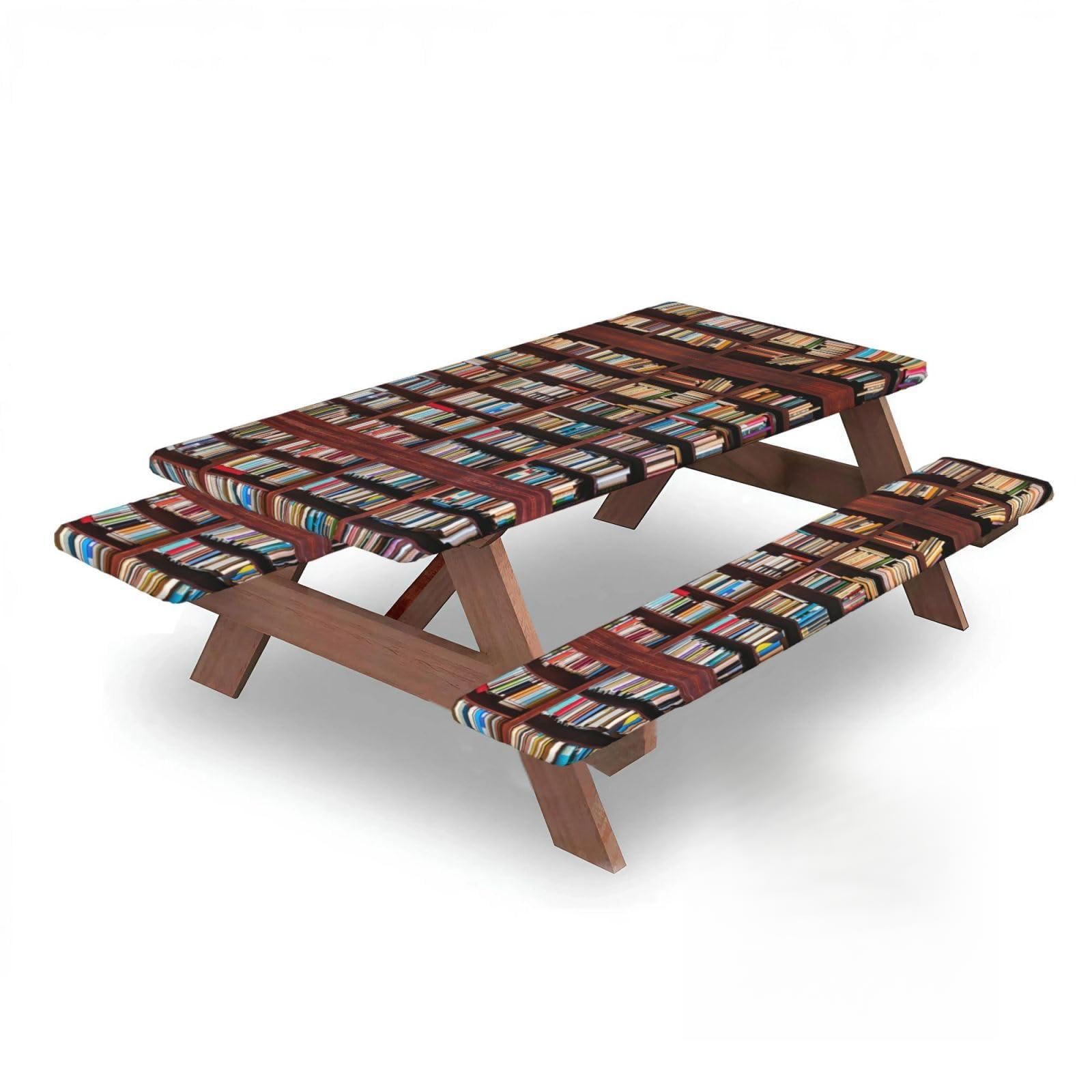 ESNAIUVCD Books Print Picnic Table Cover With Bench Covers,Camping Essentials,Fitted Tablecloth Cover With Elastic Edge, For Indoor & Outdoor 3 Pcs