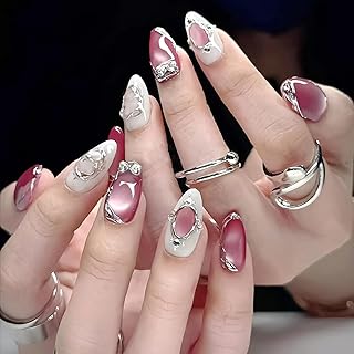 30Pcs Chrome Silver Press on Nails Medium Almond Fake Nails with 3D Bow Rhinestone Designs Magnetic Shimmer False Nails Silver Irregular Pattern Full Cover Glossy Artificial Acrylic Nails for Women