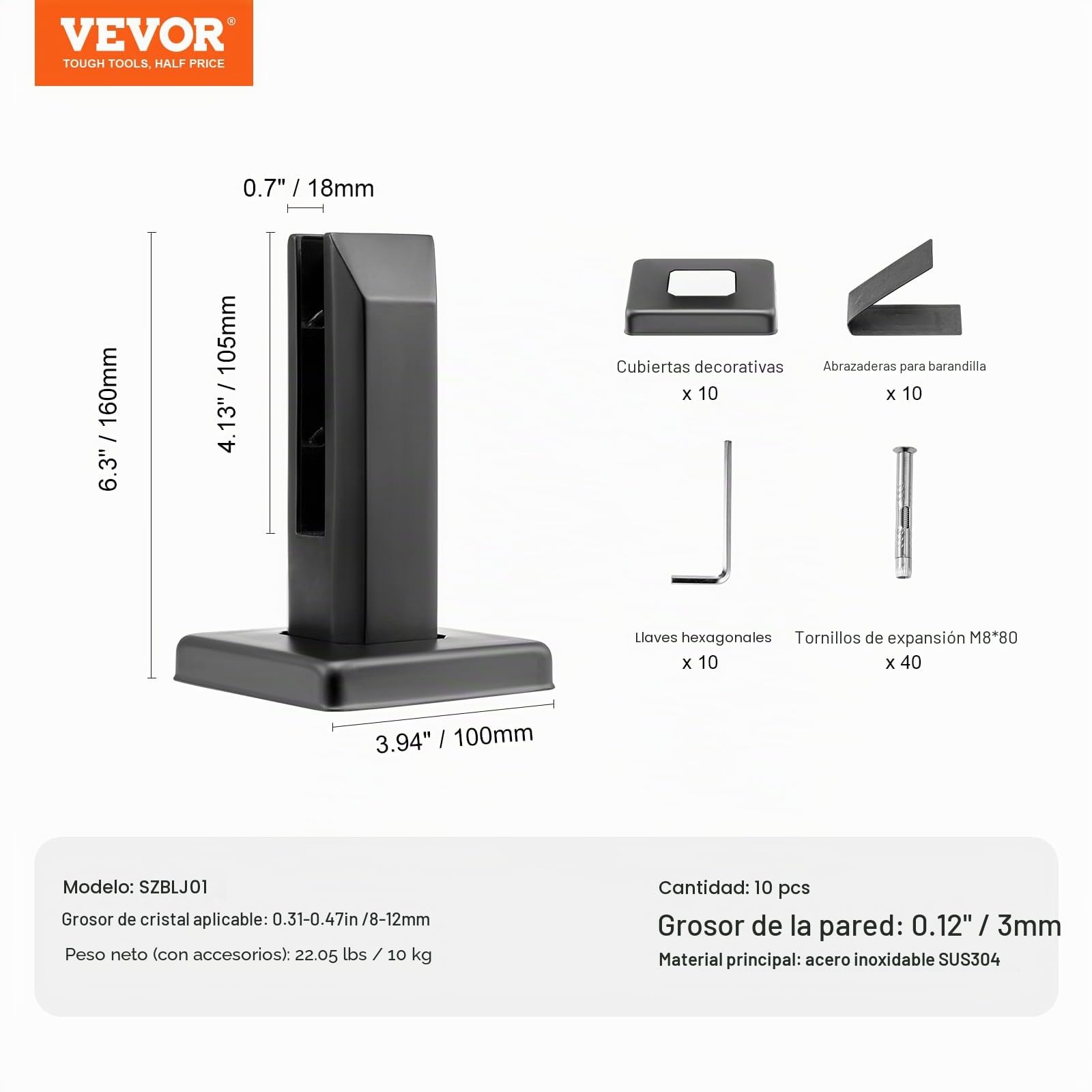 VEVOR Abrazadera de Vidrio, 10 Soportes de Barandilla de Vidrio Cuadrado 100 x 100 x 160 mm para Vidrio Templado de 8-12 mm de Espesor, Acero Inoxidable 304, para Balcón, Jardín, Cubierta, Escalera