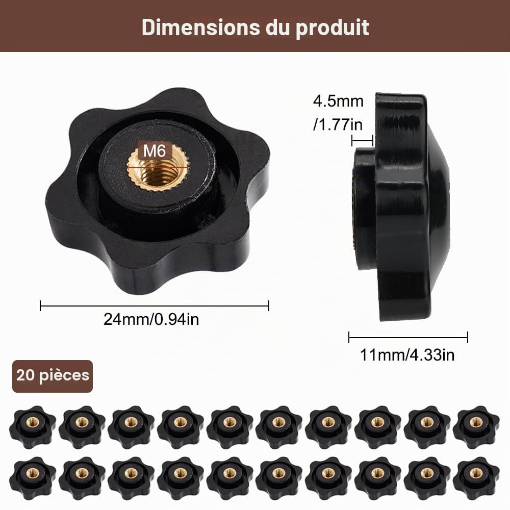 20 Pièces Bouton de Serrage M6x25mm, Bouton Moleté Ecrou, Écrous à poignée Étoile, Écrou de Serrage, Étoile Tête Écrous de Serrage Bouton, pour Mécaniques, Mobilier, Équipements Électroniques