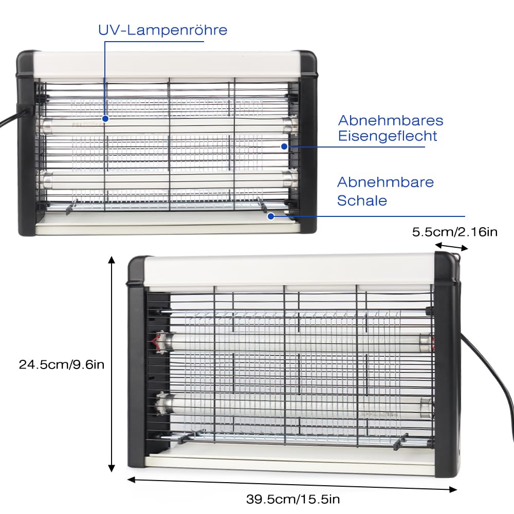 Insektenvernichter Elektrisch, Leistungsstark 3500V & 20W UV Elektrische Fliegenfalle, Mückenlampe mit Waschbares Tablett und Aufhängekette Geeignet für Schlafzimmer, Wohnzimmer, Esszimmer