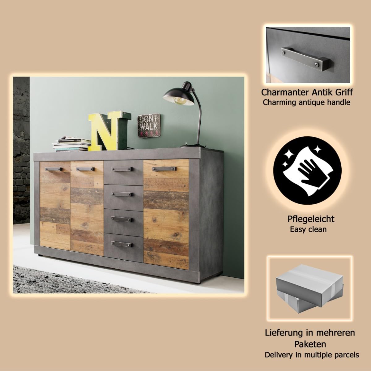 trendteam smart living - Indy - Kommode - Graphit Grau/Alteiche - 4 Schubladen, 4 Fächer - (BxHxT) 151 x 86 x 37 cm - Sideboard in rustikaler Optik