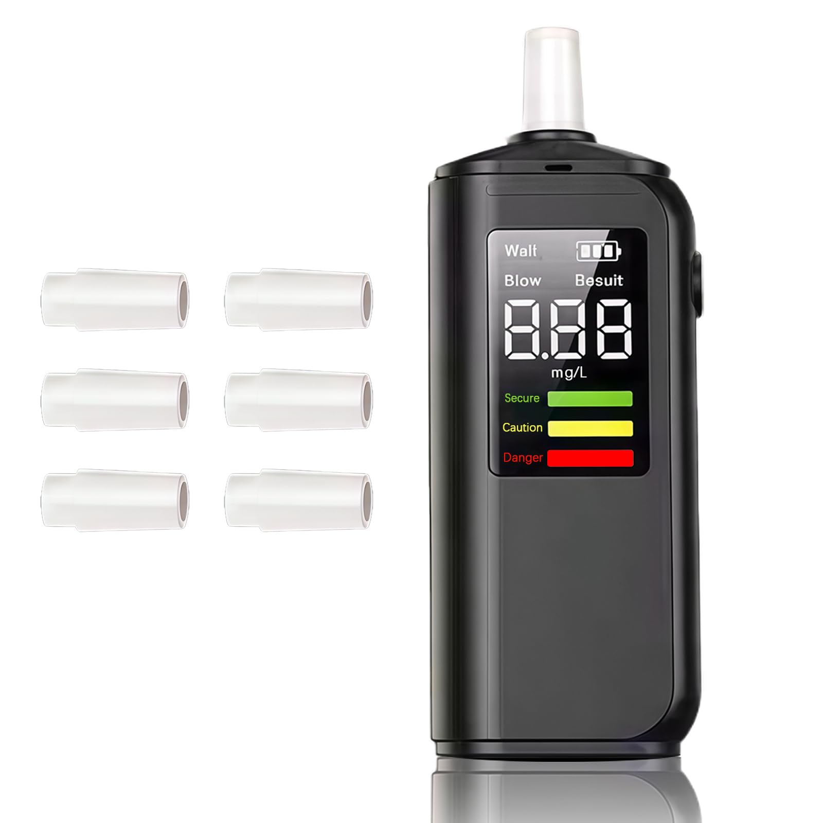 Alcoholimetro- Alcoholímetros con 6 boquillas Reutilizables, alcolimetro Profesional portátil con Pantalla Digital LCD, Test alcoholemia para Uso doméstico y Fiestas, AT02