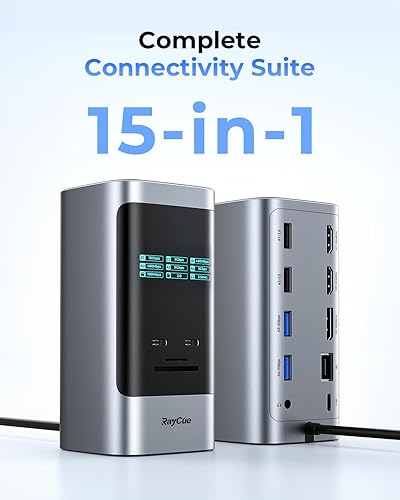 Miniatura 8 de RayCue Estación de acoplamiento USB C, pantalla triple 15 en 1 con 5 botones de acceso directo, pantalla inteligente, DP y HDMI, 10G USB A/C,