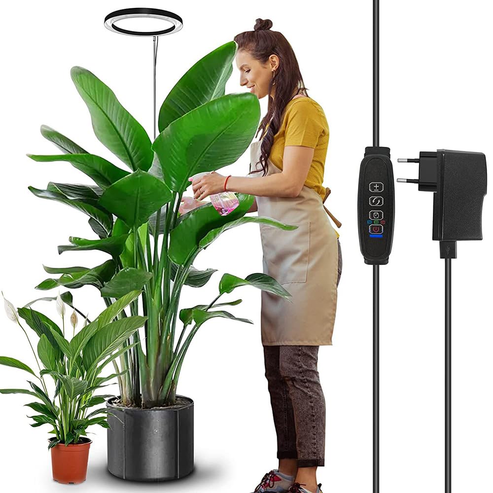 Rosnek LED Ring Wachstumslichter für Zimmerpflanzen, 160 LEDs Vollspektrum Pflanzenlampe mit Teleskopstange, 35-155 cm Höhenverstellbar, 3/9/12 Timer, Pflanzenlicht für Gartenpflanzen